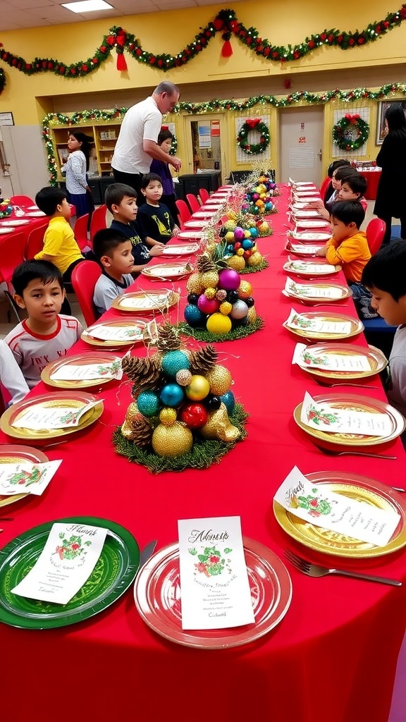Festive Christmas Table Decorations for School Events A festive school table decorated for Christmas with red tablecloth, pinecone centerpieces, and personalized name tags.